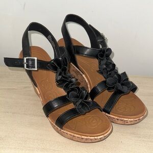 Born Concept Black Floral T-Strap Wedges